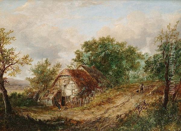 Country Landscape With Timbered Cottage In The Foreground, A Figure On A Track Oil Painting - Joseph Thors