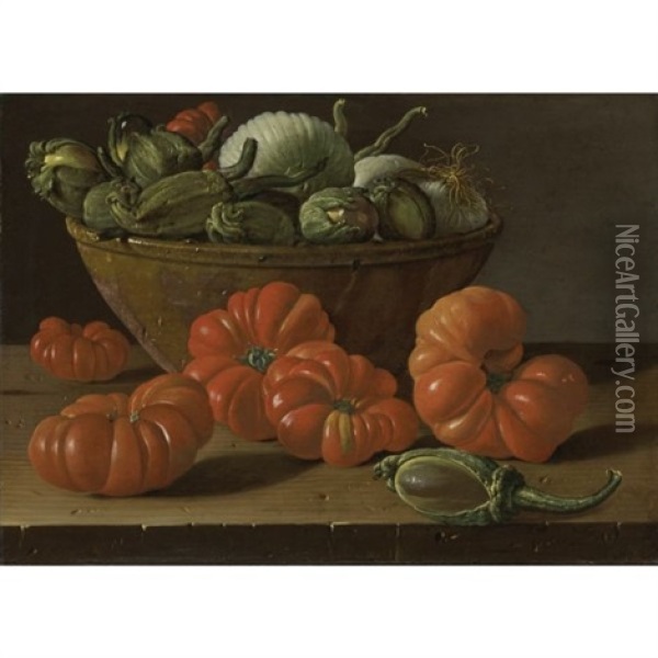 Still Life With Tomatoes, A Bowl Of Aubergines And Onions Oil Painting - Luis Melendez