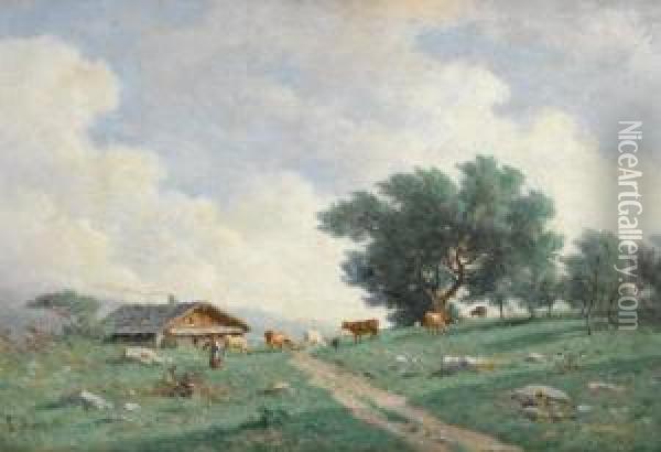 Kuhe Auf Der Weide Bei Chalet. Oil Painting - Louis Mennet
