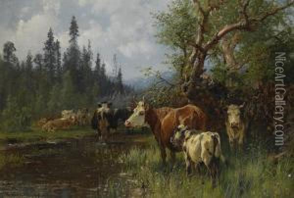 Sommarlandskap Med Boskap Oil Painting - Anders Monsen Askevold