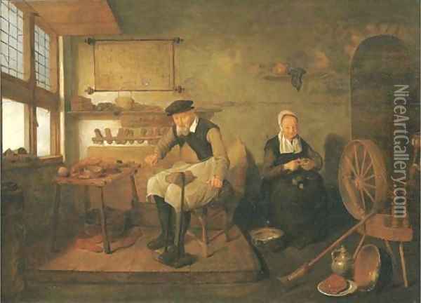The interior of a cobbler's workshop, with a cobbler at work and a woman peeling onions Oil Painting - Quiringh Gerritsz. van Brekelenkam