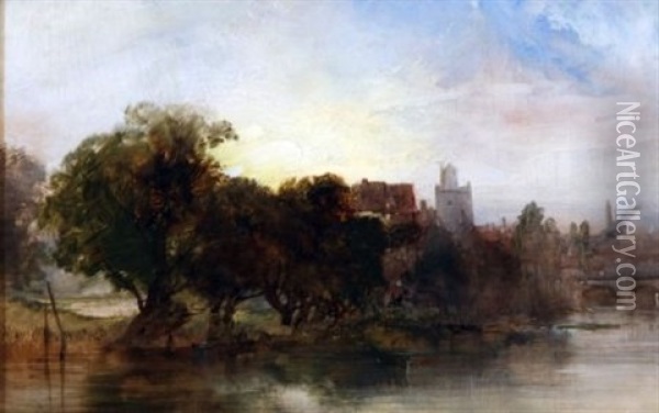 On The Banks Of The River (the Yare?) Oil Painting - Henry Bright