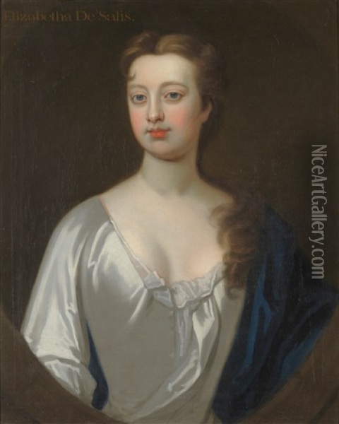 Portrait Of Elizabetha De Salis Wearing A Cream Satin Dress And Blue Cloak Oil Painting - Michael Dahl