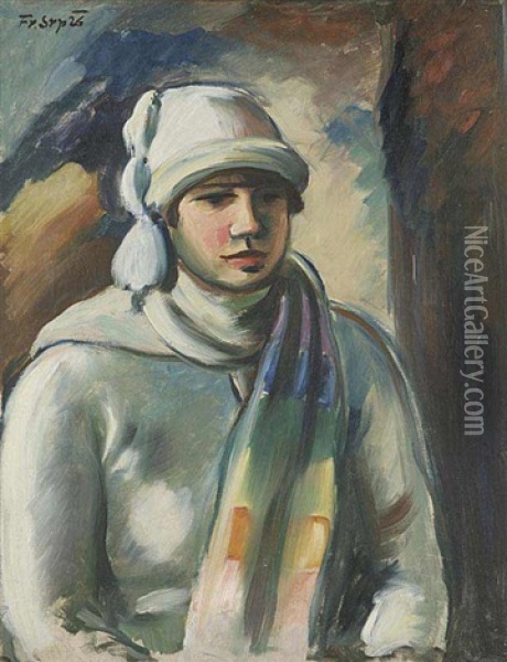 A Girl In A White Cap Oil Painting - Francisek Srp
