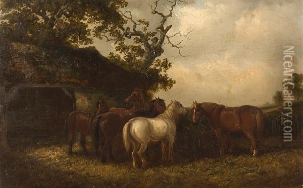 Horses Beside A Barn Oil Painting - Thomas Smythe