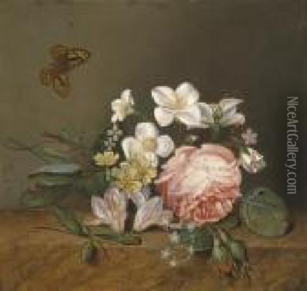 Bouquet Of Roses And Butterfly Oil Painting - Johan Laurentz Jensen