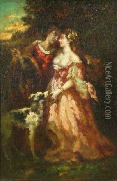 Young Lovers In A Park Oil Painting - Narcisse-Virgile D Az De La Pena