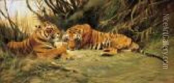 Tigers Resting In Tall Grass Oil Painting - Wilhelm Kuhnert
