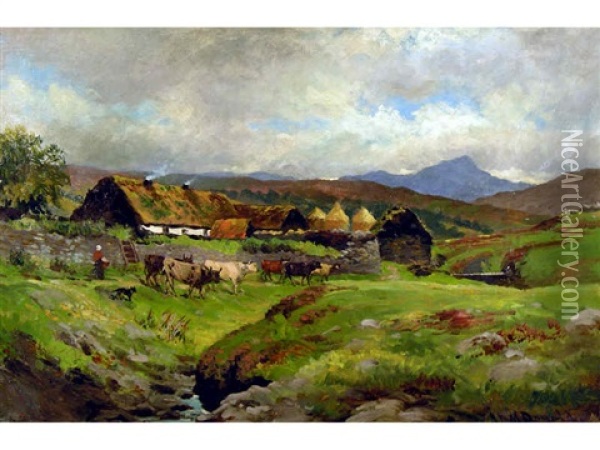 Untitled (highland Croft With Cattle By A Stream) Oil Painting - John Milne Donald