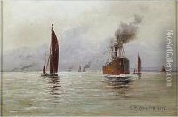 Canal Scene; Majorca Bay, Two, 
One Signed And Dated L.l.: James Kerr Lawson, One Oil On Panel; The 
Other Oil On Canvas Laid Down, One 14 By 24 Cm.; 5i By 9iin.; The Other 
16.5 By 24 Cm.; 6i By 9iin.; Together With A Study Of A Steam Ship By 
E.t. A Oil Painting - James Kerr-Lawson