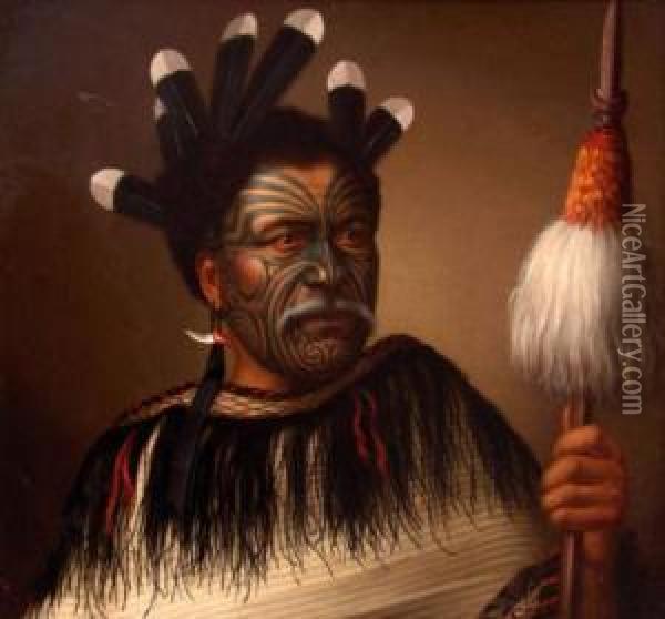 Portrait Of A Highborn Chief Holding Atewhatewha Oil Painting - Gottfried Lindauer