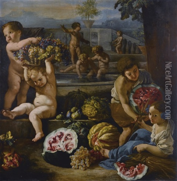 Putti And Children Surrounded By Fruit, Formal Gardens Beyond Oil Painting - Jacques Courtois