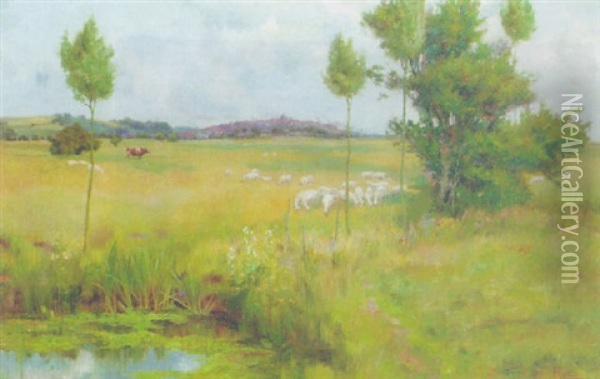 Sheep Grazing In A Tranquil Landscpe, Rye Oil Painting - William Frederick Mayor