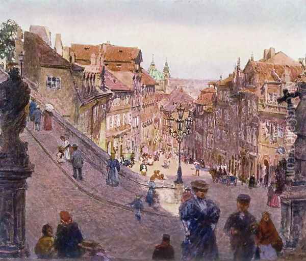 Nerudova Ulice, Prague, 1909 Oil Painting - Heinrich Tomec