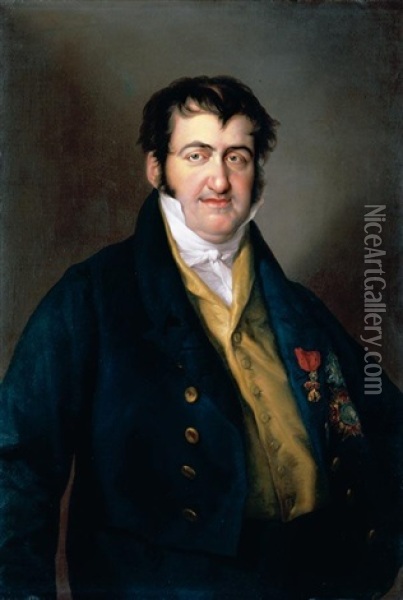 Portrait Of King Ferdinand Vii, In Casual Attire, Wearing The Badge Of The Order Of The Golden Fleece And The Stars Of The Orders Of Charles Iii And Isabel La Catolica Oil Painting - Vicente Lopez y Portana