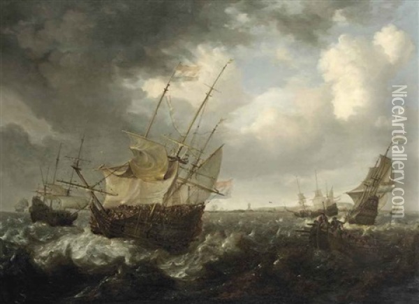 The Dutch Fleet On Choppy Waters Off The Dutch Coast Oil Painting - Jeronymus Van Diest