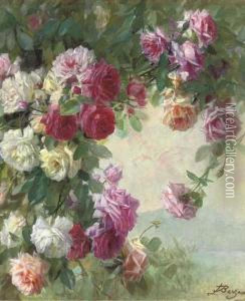 Roses At A Lake Oil Painting - Licinio Barzanti