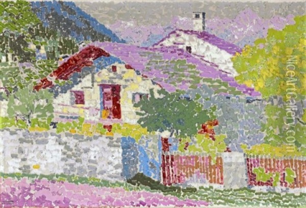 Bergdorf - Haus Und Garten In Stampa (mountain Village - House And Garden In Stampa) Oil Painting - Augusto Giacometti