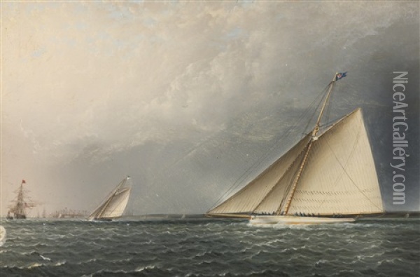 A Racing Scene On Nyack Sound: The Volunteer In The Foreground Oil Painting - James Edward Buttersworth