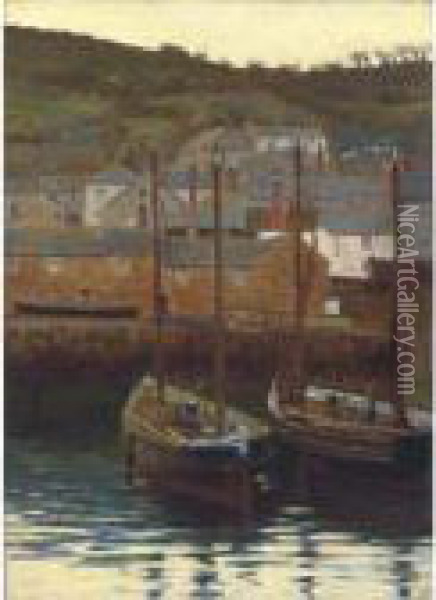 Fishing Boats In A Cornish Harbour At Dusk Oil Painting - Stanhope Alexander Forbes