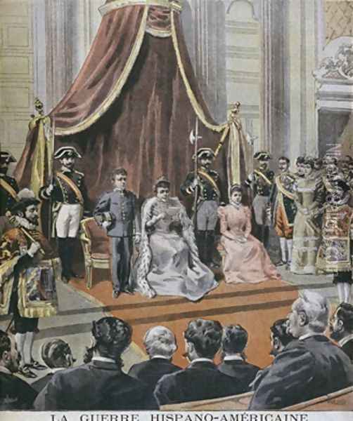 Spanish American war in Spain the Queen reading her message to the Cortes Madrid illustration from Le Petit Journal Supplement illustre 8th May 1898 Oil Painting - Tofani, Oswaldo Meaulle, F.L. &