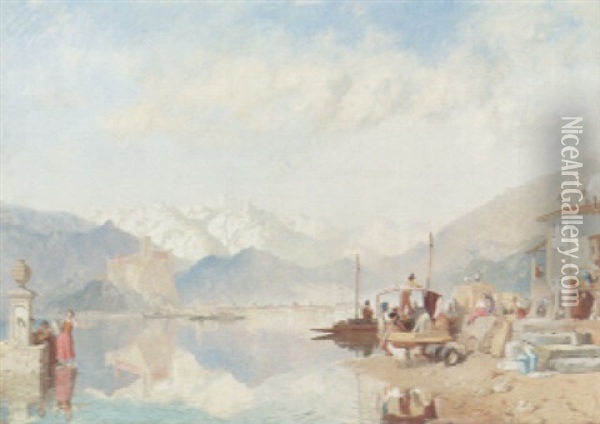 Recollections Of The Lago Maggiore - Market Day At Pallanza Oil Painting - James Baker Pyne