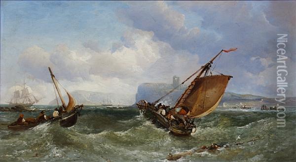 Fishing Boats And Shipping Off A Headland Oil Painting - James Webb