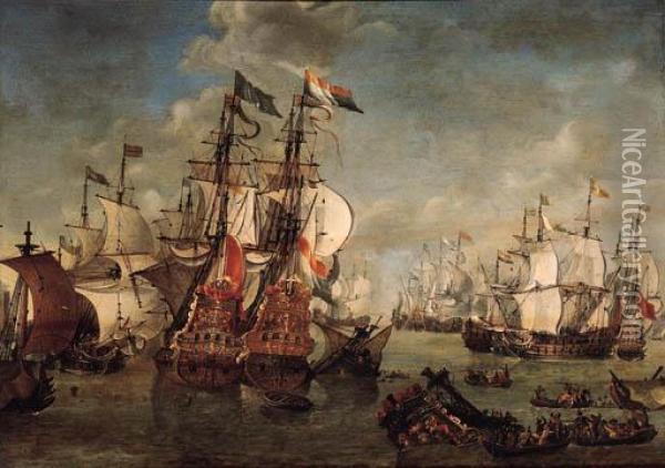 A Naval Engagement Oil Painting - Johannes Becx
