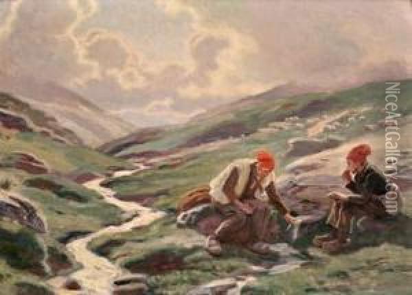 Pastores En La Montana. Oil Painting - Dionis Verdaguer Baixeras