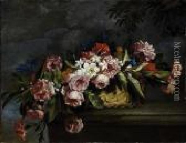 Cesto Di Fiori Su Sfondo Di Paesaggio Oil Painting - Abraham Brueghel