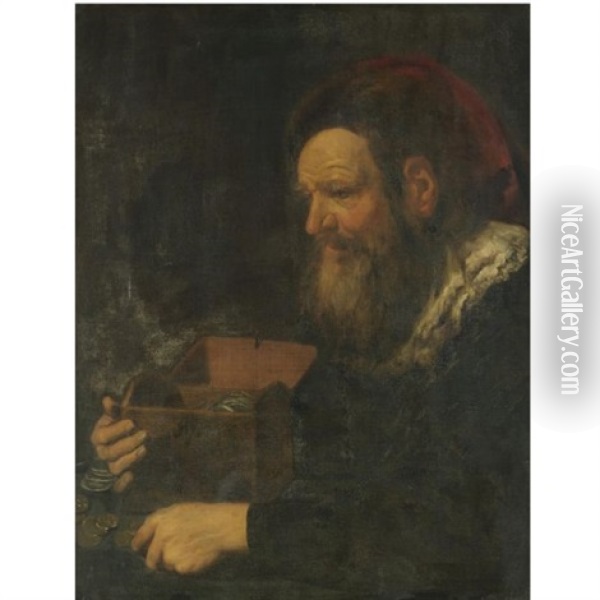 Portrait Of A Banker, Half Length, Holding A Money Box Oil Painting - Johann Liss