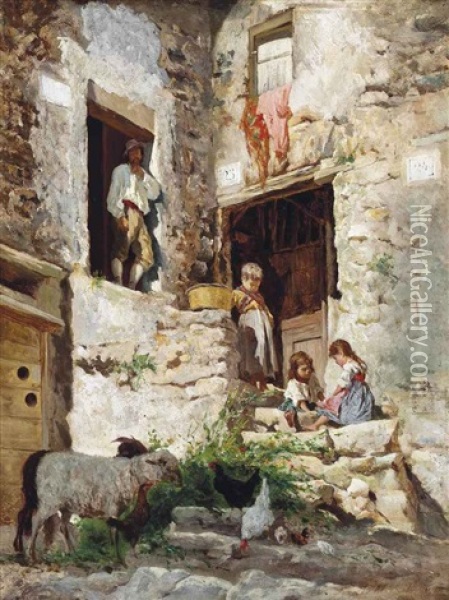 Playing On The Steps Of An Italian Villa Oil Painting - Aurelio Tiratelli