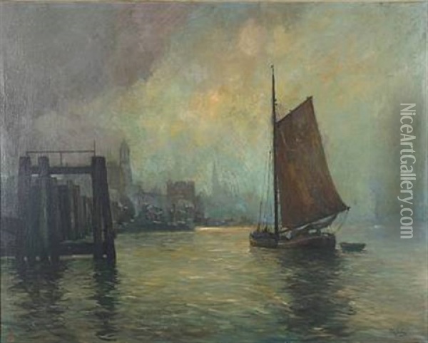 Harbour Scene From Hamburg Oil Painting - Rudolf Anton Guba