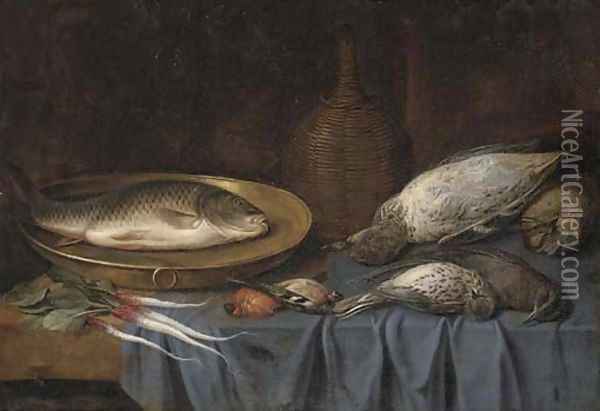 Dead birds, a fish on a copper platter, a bottle of wine and root vegetables on a draped table Oil Painting - Sebastien Stoskopff