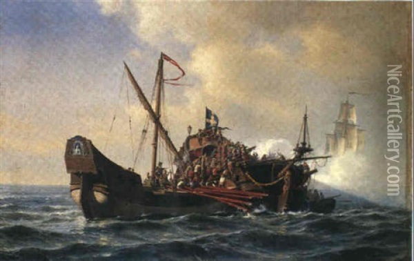 En Entring, Episode Fra Det 17 Ar-hundrede, Dansk Skib      Plyndrer Svensk Skib Oil Painting - Carl Johann Neumann