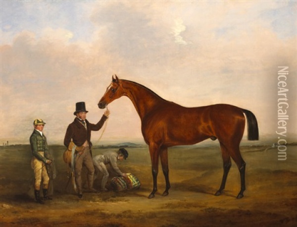 Colonel Westenra's Freney With Jockey And Attendants On The Curragh, Co. Kildare And Roller, A Bay Hunter With Hounds Jolty Boy And Jackey Boy In A Stable (pair) Oil Painting - William Brocas
