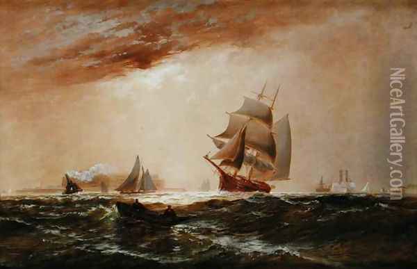 Ships in New York Harbour, 1891 Oil Painting - Granville Perklins