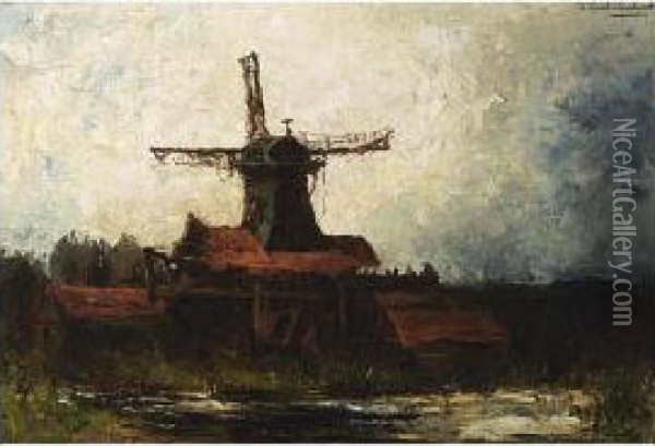 A Windmill In A Polderlandscape Oil Painting - Frederick Willem Zurcher