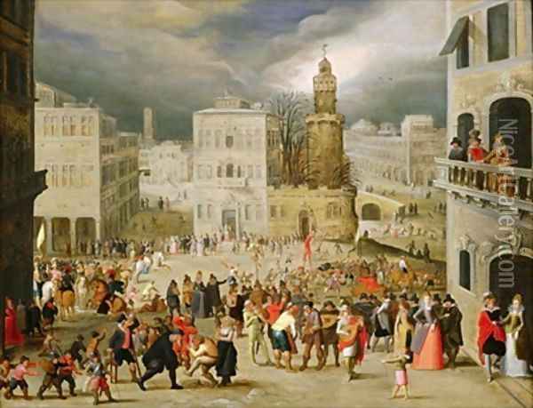 A scene in a town square with numerous figures Oil Painting - Louis de Caullery