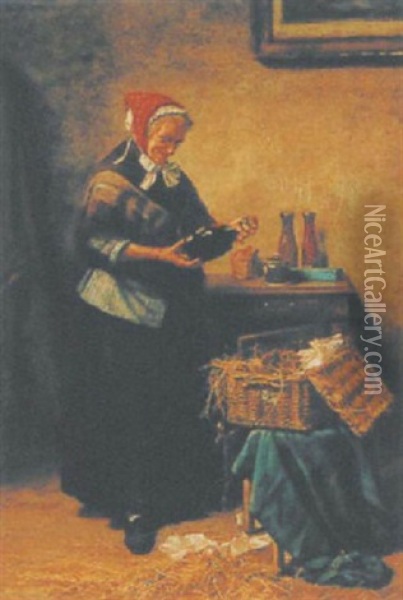 Interieur Mit Alter Frau Und Korb Oil Painting - Alphonse Jouatte