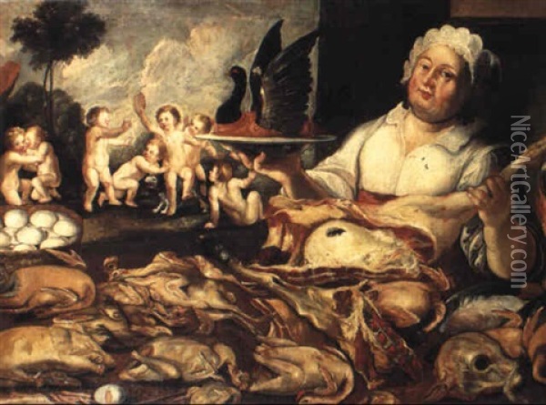 Natura Morta Di Polii E Carni, Con Cuoca E Giochi Di Putti Nell Sfondo Oil Painting - Pietro Paolini