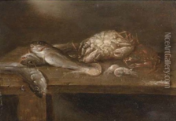 Crabs, Pikes And Shrimp On A Wooden Ledge Oil Painting - Alexander Adriaenssen the Elder