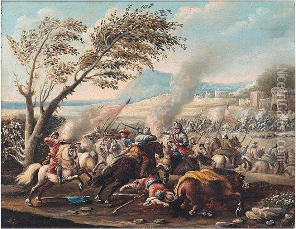 A Cavalry Battle Between Turks And Christians Before A Fortified Town Oil Painting - Carlo Brisighella