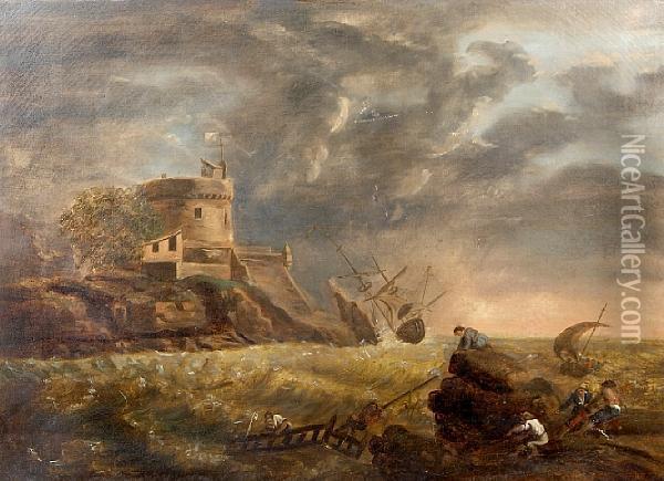 A Shipwreck On A Rocky Coast With Figures Seeking Refuge On The Shore Oil Painting - Claude-joseph Vernet