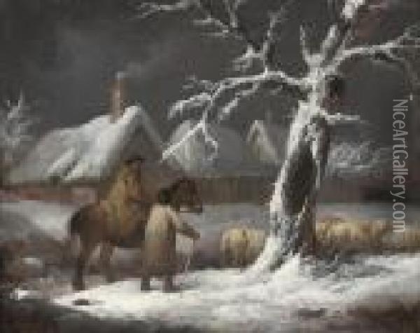 A Winter Landscape With Figures And Their Sheep On A Track Oil Painting - George Morland