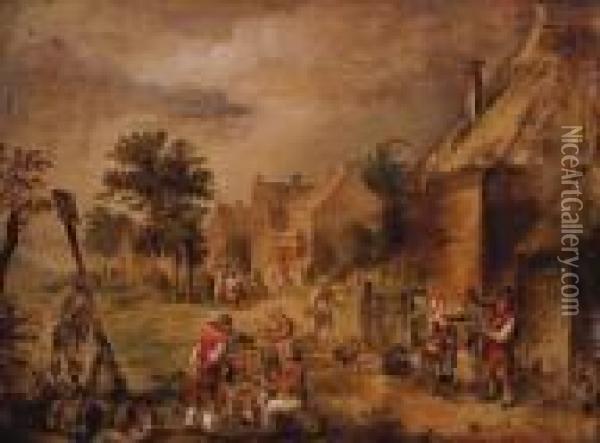 Peasants Outside An Inn In A Village Oil Painting - Theobald Michau