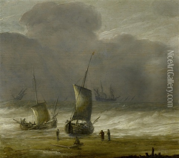 Fishermen On A Shore With Shipping In A Choppy Sea Oil Painting - Pieter Mulier the Elder
