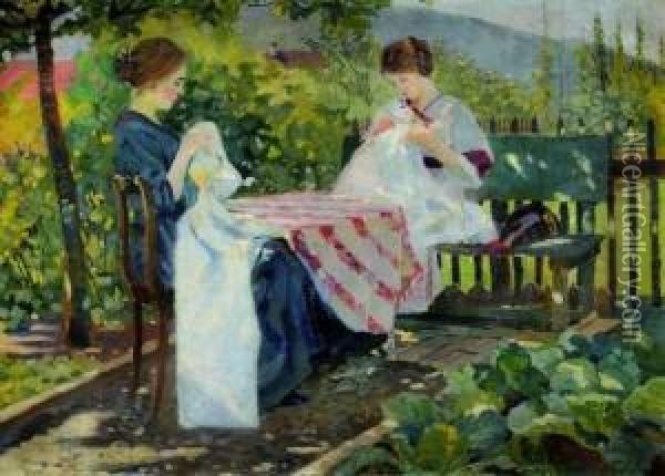 Femmes Cousant Au Potager Oil Painting - Paul Schurch