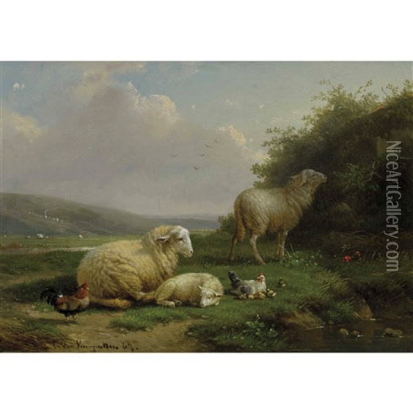 Schafe Und Huhner Am Teich Oil Painting - Cornelis van Leemputten