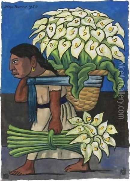 Woman With Calla Lillies On Her Back Oil Painting - Diego Rivera